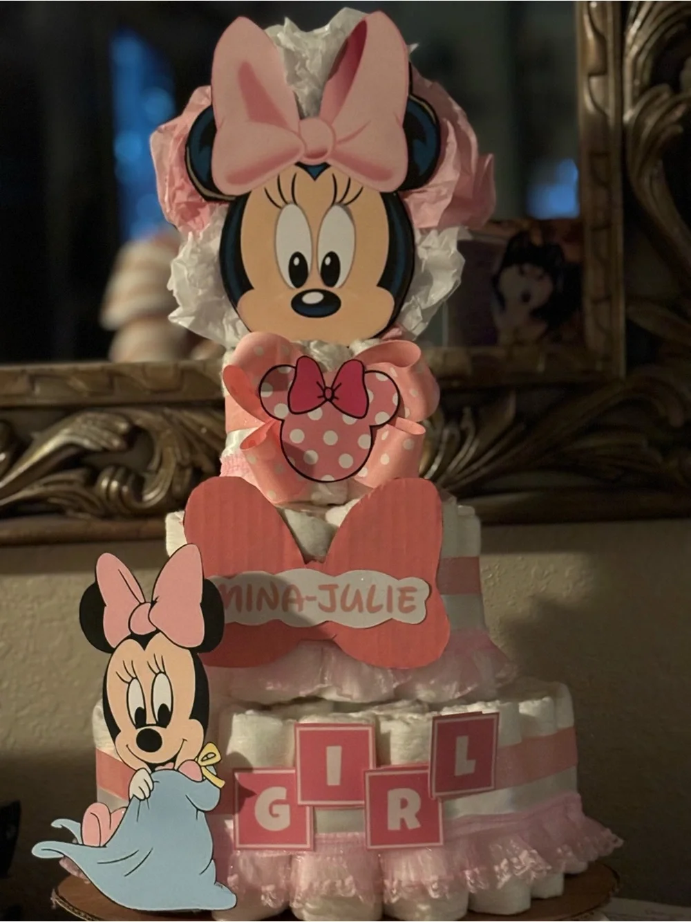 Woodland Baby Shower Diaper Cake with Purple Ribbon and Floral Accents